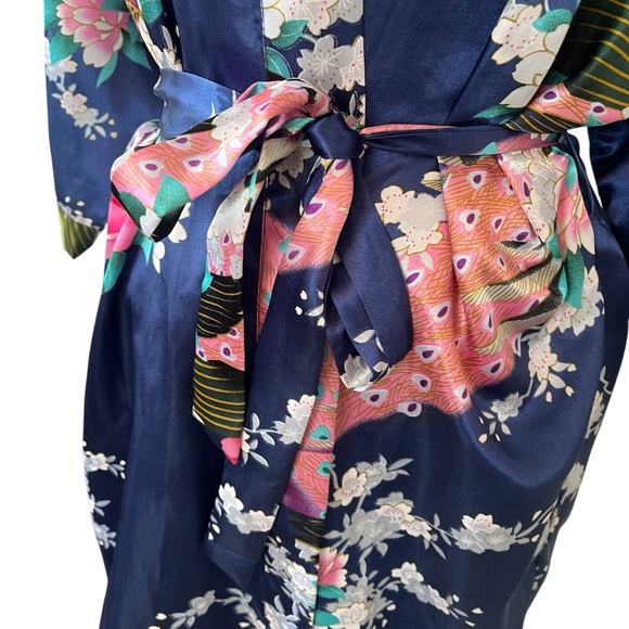 Vintage satin peacock kimono robe knee length blue pink OS - Picture 6 of 15